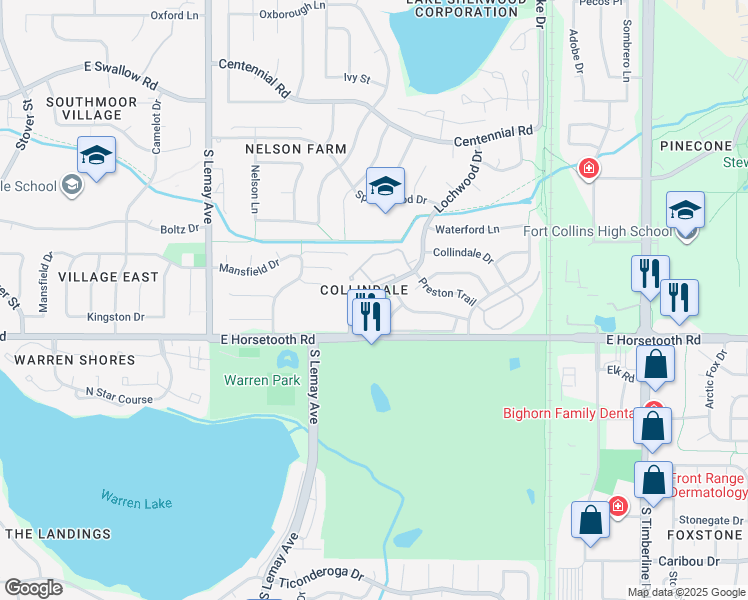 map of restaurants, bars, coffee shops, grocery stores, and more near 3500 Lochwood Drive in Fort Collins