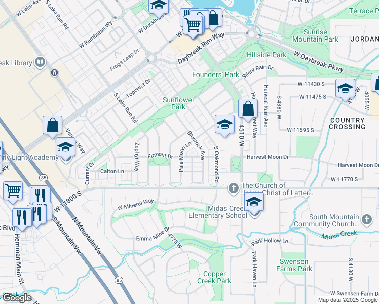 map of restaurants, bars, coffee shops, grocery stores, and more near 4694 Firmont Drive in South Jordan