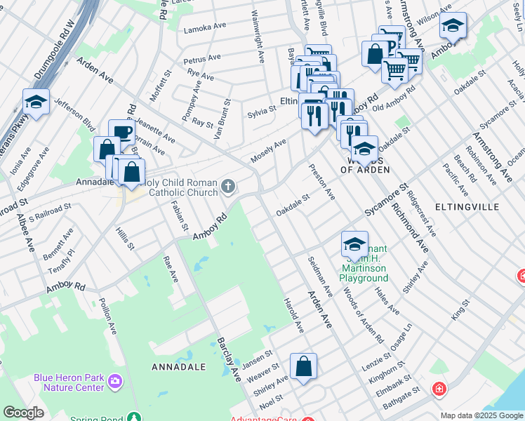 map of restaurants, bars, coffee shops, grocery stores, and more near 565 Oakdale Street in Staten Island