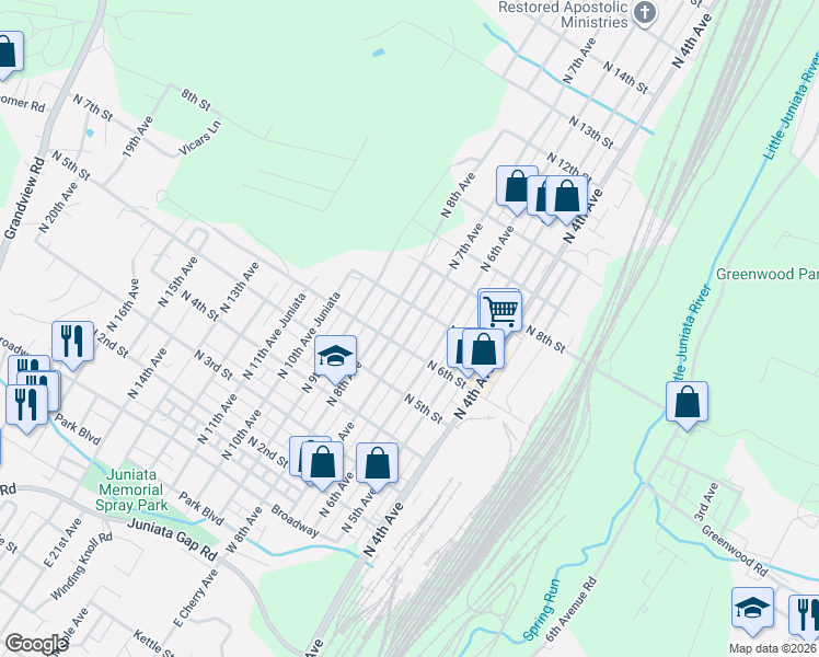 map of restaurants, bars, coffee shops, grocery stores, and more near 617 N 6th Ave in Altoona