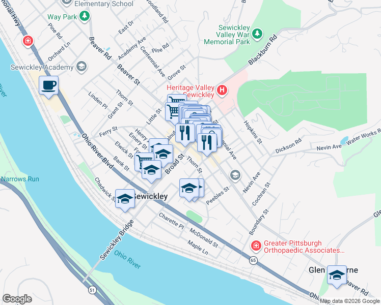 map of restaurants, bars, coffee shops, grocery stores, and more near 400 Broad Street in Sewickley