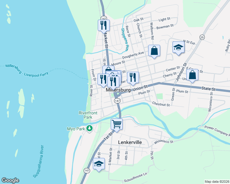 map of restaurants, bars, coffee shops, grocery stores, and more near Market Square in Millersburg