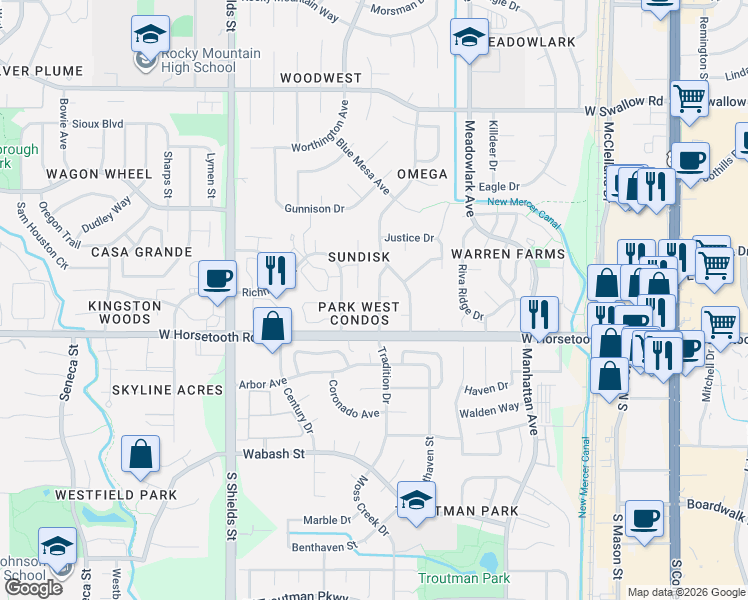 map of restaurants, bars, coffee shops, grocery stores, and more near 3555 Tradition Drive in Fort Collins