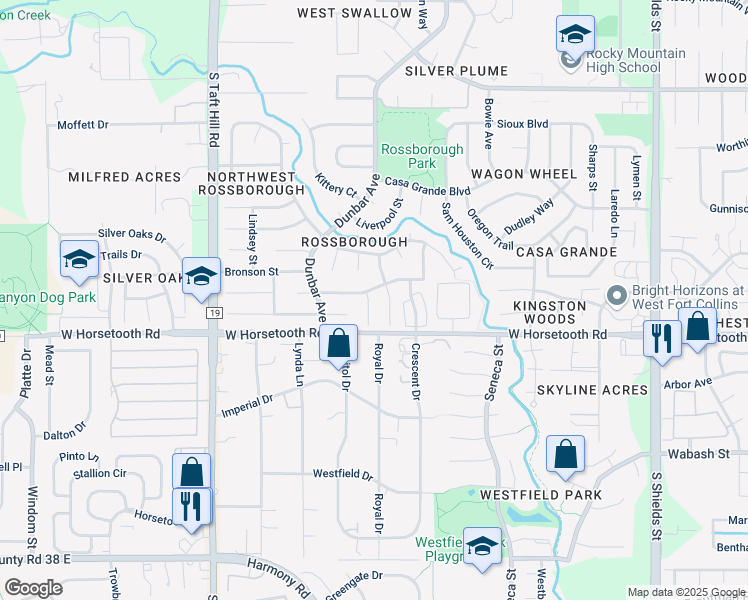map of restaurants, bars, coffee shops, grocery stores, and more near 3512 English Court in Fort Collins