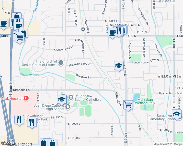 map of restaurants, bars, coffee shops, grocery stores, and more near 471 High Berry Lane in Draper