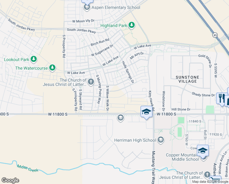 map of restaurants, bars, coffee shops, grocery stores, and more near 11664 South Willow Walk Drive in South Jordan