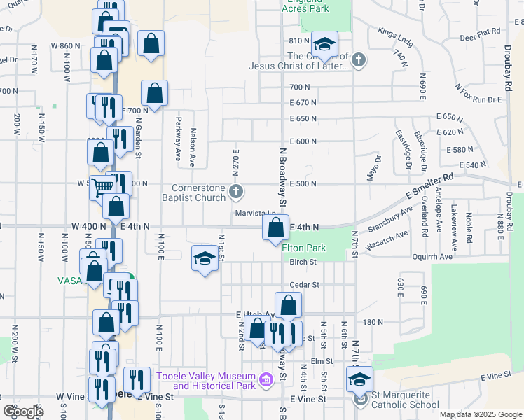 map of restaurants, bars, coffee shops, grocery stores, and more near 290 Marvista Lane in Tooele