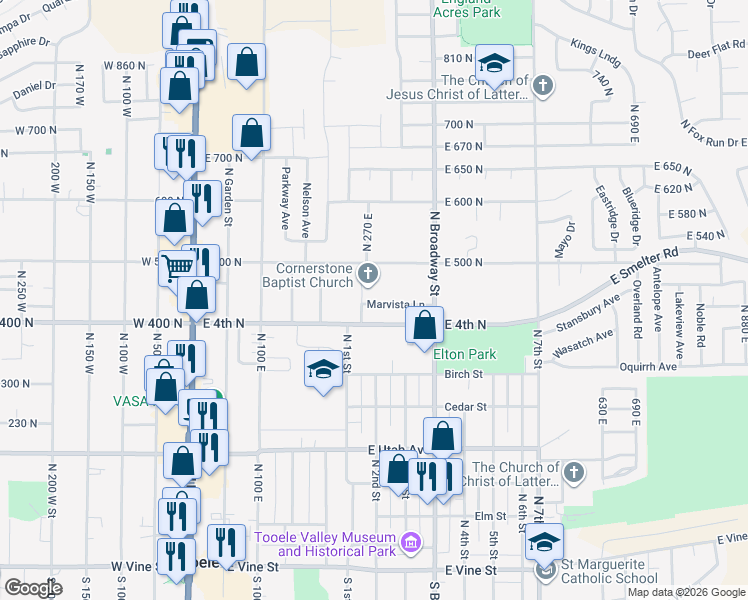 map of restaurants, bars, coffee shops, grocery stores, and more near 290 Marvista Lane in Tooele