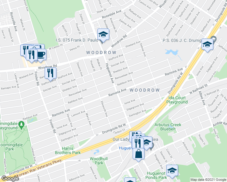 map of restaurants, bars, coffee shops, grocery stores, and more near 638 Huguenot Avenue in Staten Island