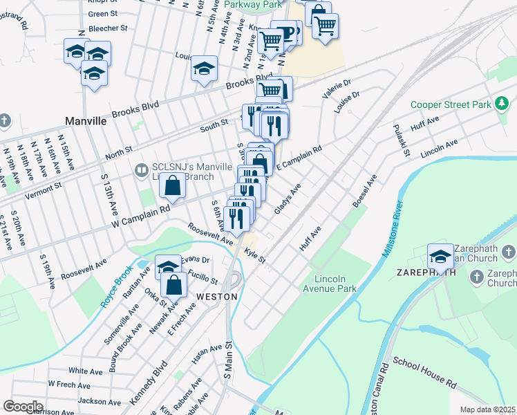 map of restaurants, bars, coffee shops, grocery stores, and more near 25 Gladys Avenue in Manville