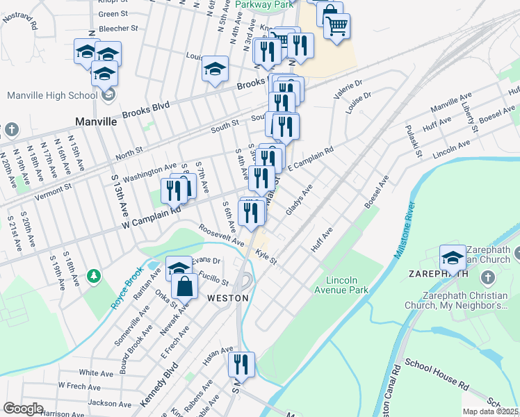 map of restaurants, bars, coffee shops, grocery stores, and more near 270 South Main Street in Manville