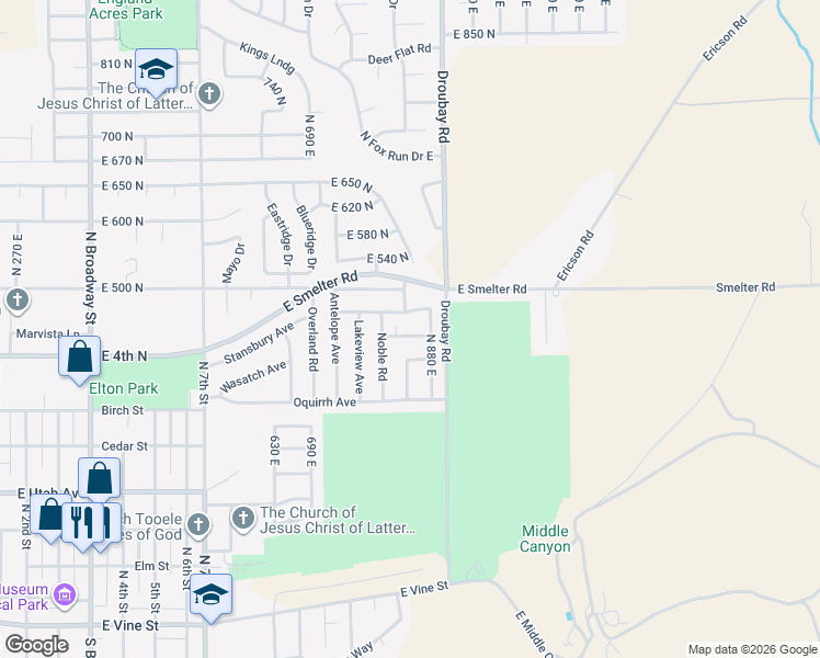 map of restaurants, bars, coffee shops, grocery stores, and more near 847 Uintah Avenue in Tooele
