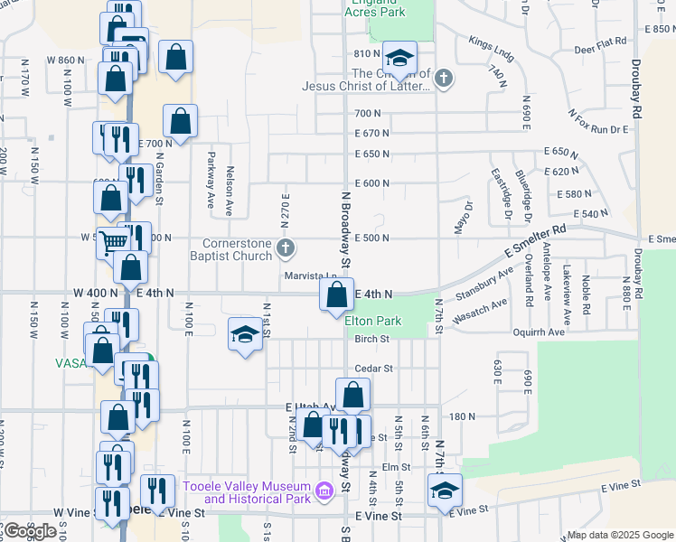 map of restaurants, bars, coffee shops, grocery stores, and more near 345 East 400 North in Tooele
