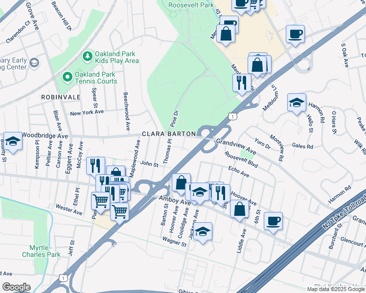 map of restaurants, bars, coffee shops, grocery stores, and more near 1 Garfield Park in Edison