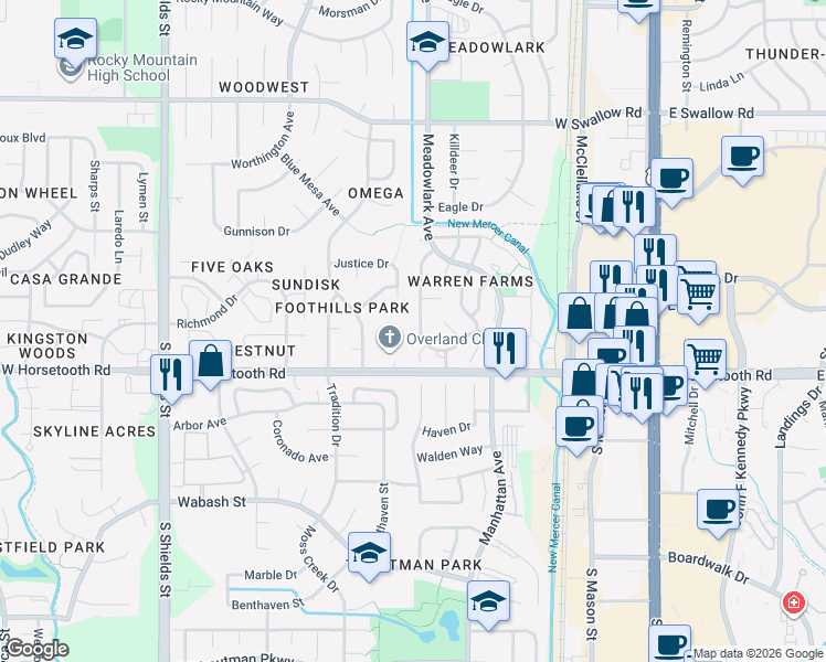 map of restaurants, bars, coffee shops, grocery stores, and more near 620 West Horsetooth Road in Fort Collins