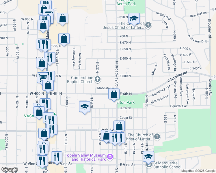 map of restaurants, bars, coffee shops, grocery stores, and more near 290 Marvista Lane in Tooele