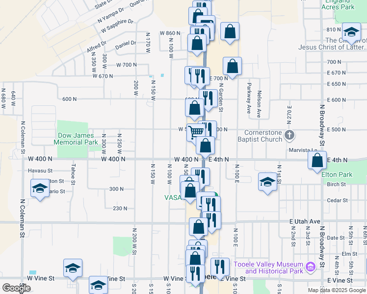 map of restaurants, bars, coffee shops, grocery stores, and more near 421 North 50 West in Tooele