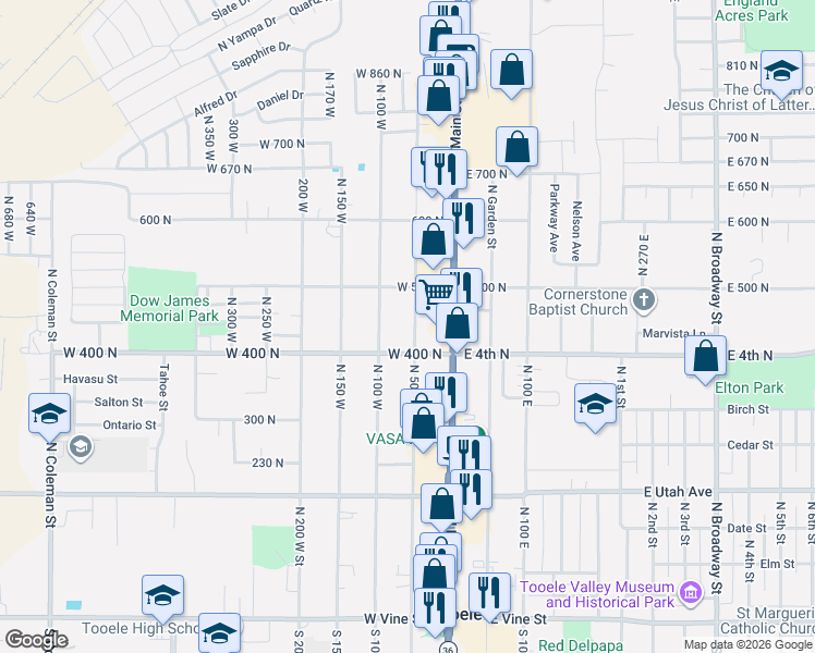 map of restaurants, bars, coffee shops, grocery stores, and more near 421 North 50 West in Tooele