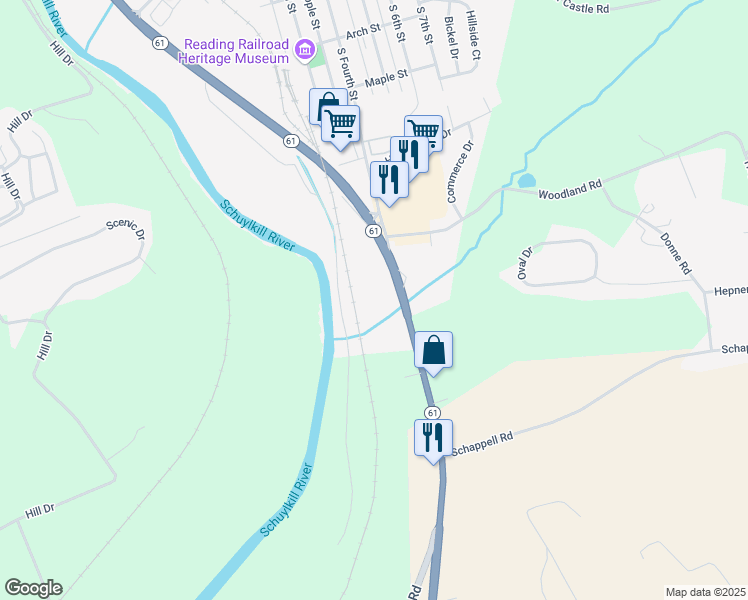 map of restaurants, bars, coffee shops, grocery stores, and more near 1080 South Fourth Street in Hamburg
