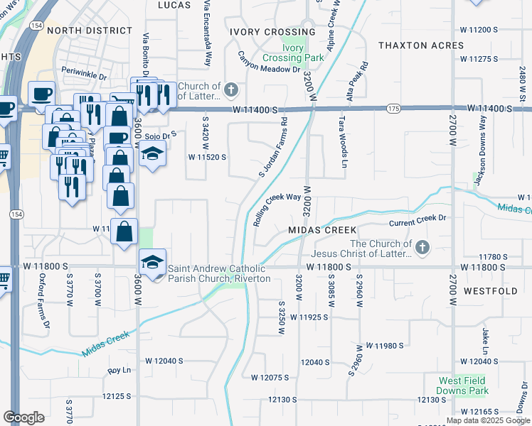 map of restaurants, bars, coffee shops, grocery stores, and more near 11659 Rolling Creek Way in South Jordan