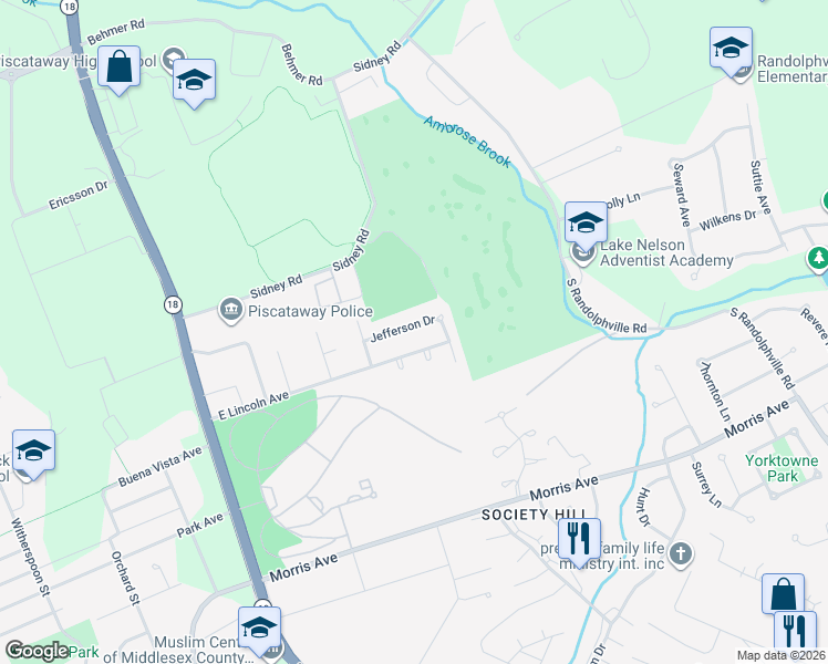 map of restaurants, bars, coffee shops, grocery stores, and more near 22 Jefferson Drive in Piscataway