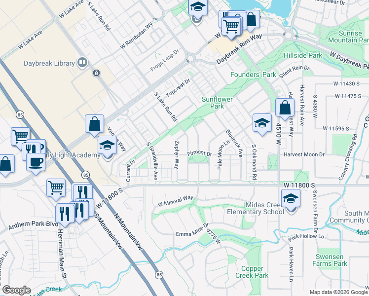 map of restaurants, bars, coffee shops, grocery stores, and more near 11676 Lake Run Road in South Jordan