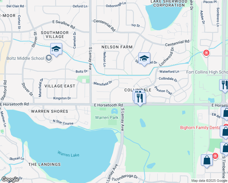 map of restaurants, bars, coffee shops, grocery stores, and more near 3500 Rolling Green Drive in Fort Collins