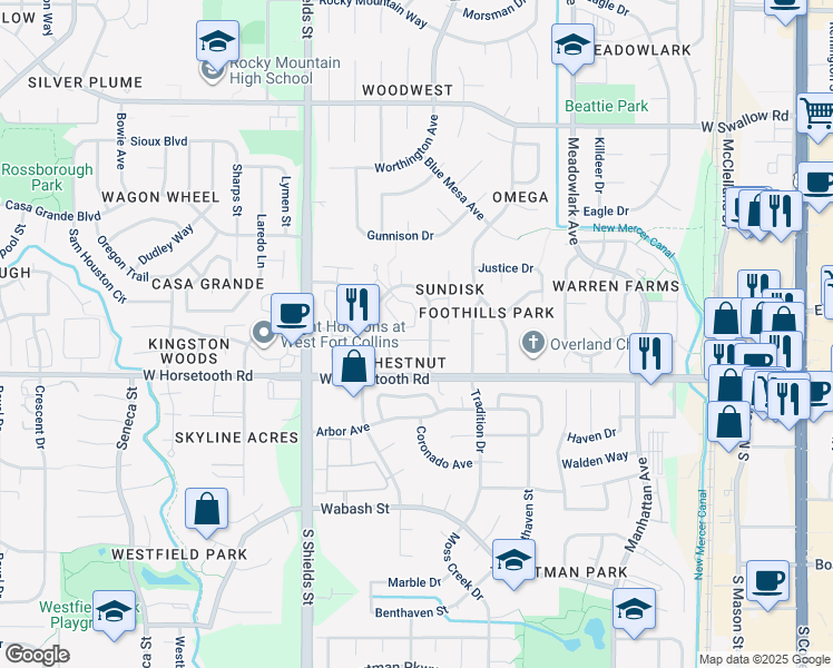 map of restaurants, bars, coffee shops, grocery stores, and more near 3531 Windmill Drive in Fort Collins