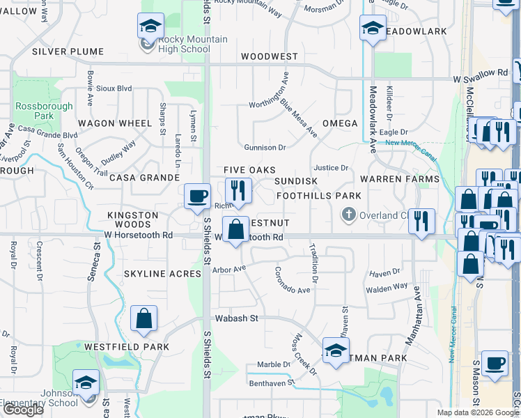 map of restaurants, bars, coffee shops, grocery stores, and more near 3565 Windmill Drive in Fort Collins