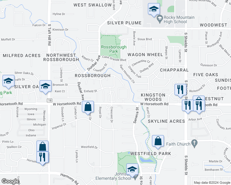 map of restaurants, bars, coffee shops, grocery stores, and more near 3527 Big Ben Drive in Fort Collins