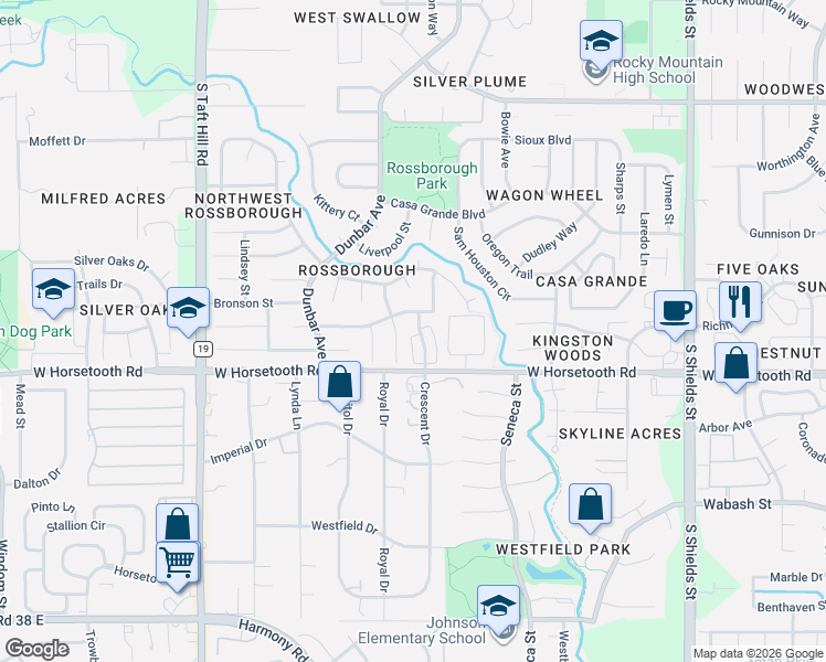 map of restaurants, bars, coffee shops, grocery stores, and more near 3527 Big Ben Drive in Fort Collins
