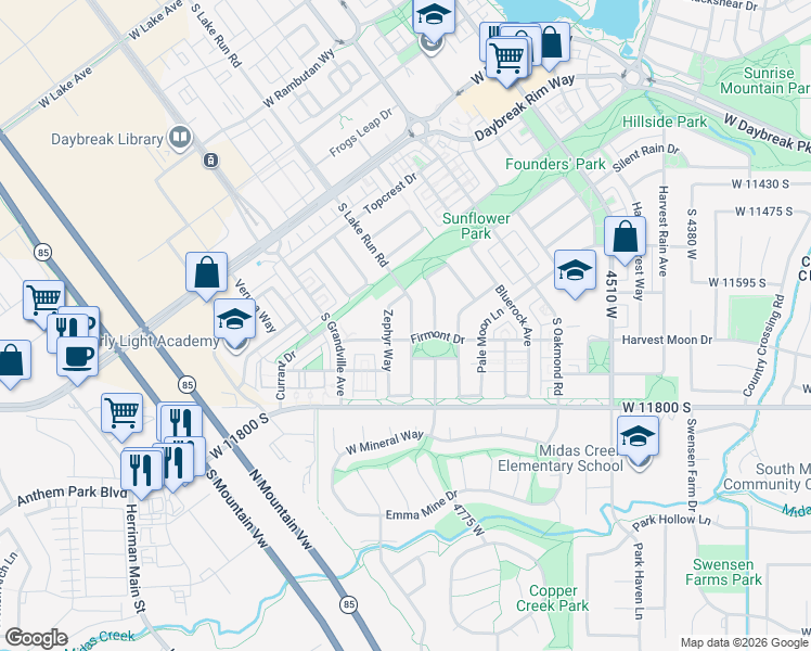 map of restaurants, bars, coffee shops, grocery stores, and more near 11676 Lake Run Road in South Jordan