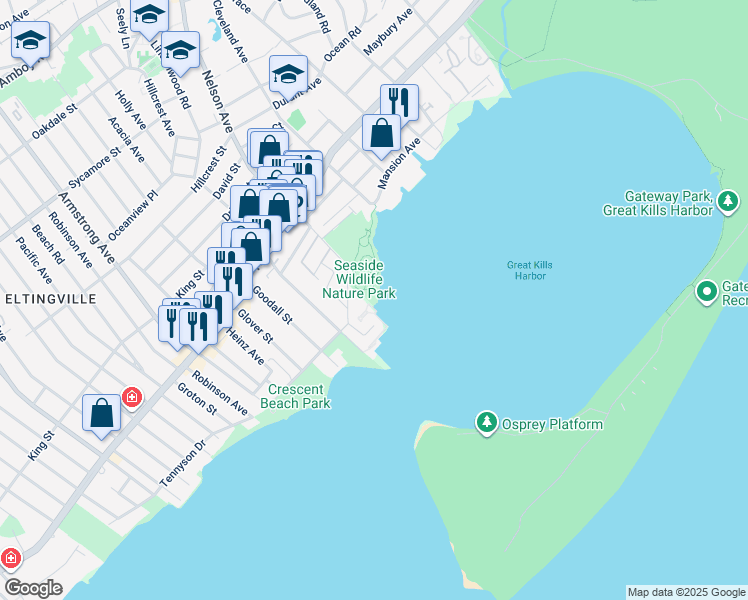 map of restaurants, bars, coffee shops, grocery stores, and more near 77 Harbour Court in Staten Island