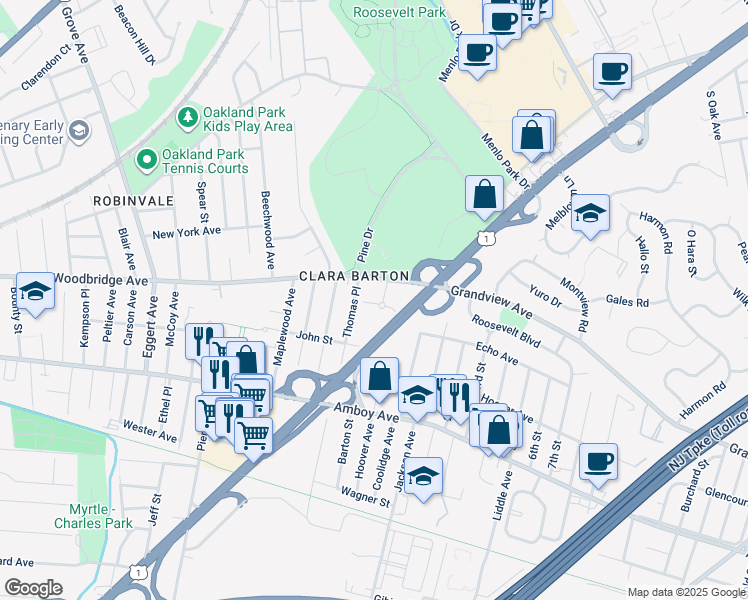 map of restaurants, bars, coffee shops, grocery stores, and more near 1 Garfield Park in Edison