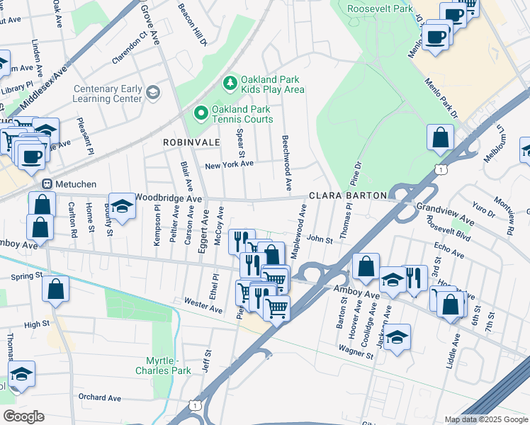 map of restaurants, bars, coffee shops, grocery stores, and more near 39 Woodbridge Avenue in Metuchen