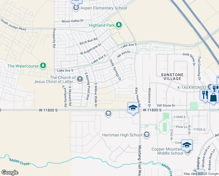 map of restaurants, bars, coffee shops, grocery stores, and more near 6159 West Sparrow View Drive in South Jordan