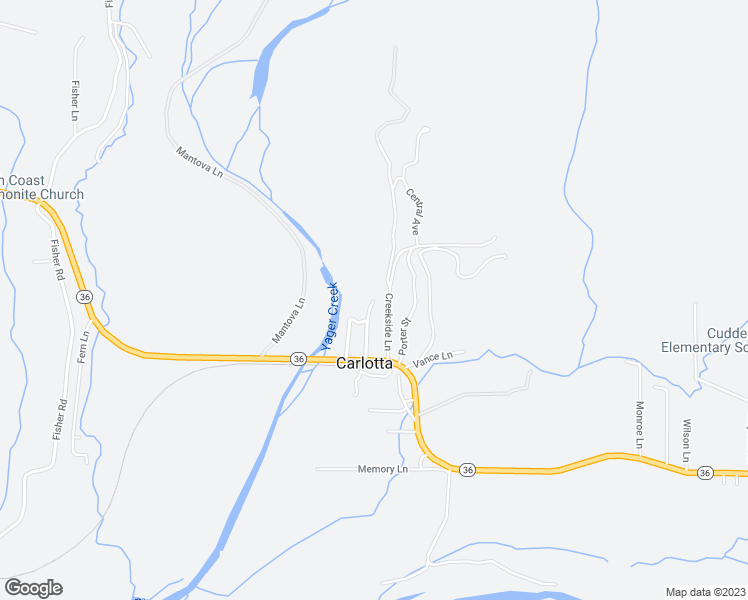 map of restaurants, bars, coffee shops, grocery stores, and more near Central Avenue in Carlotta