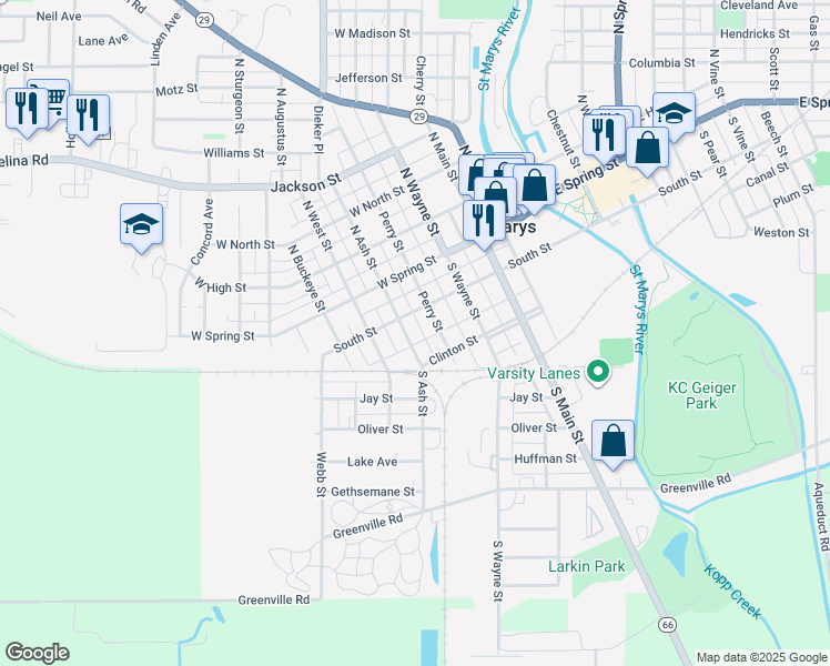 map of restaurants, bars, coffee shops, grocery stores, and more near 232 South Ash Street in Saint Marys