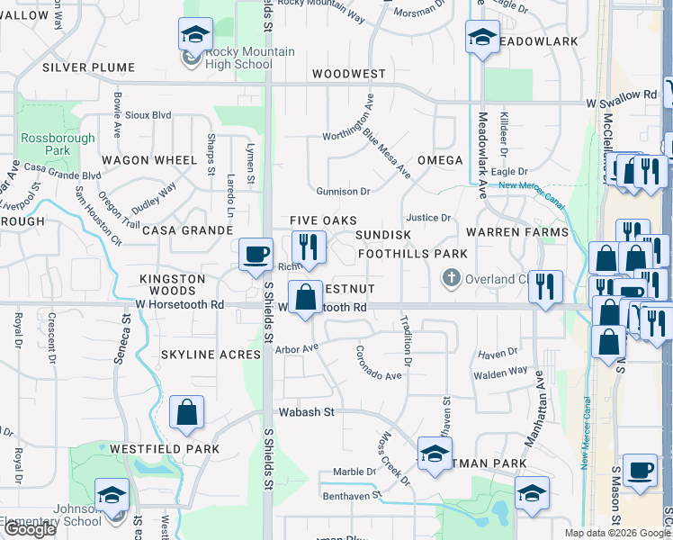 map of restaurants, bars, coffee shops, grocery stores, and more near 3565 Windmill Drive in Fort Collins