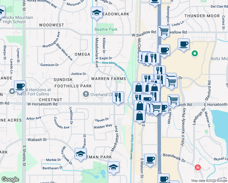 map of restaurants, bars, coffee shops, grocery stores, and more near 402 Riva Ridge Drive in Fort Collins