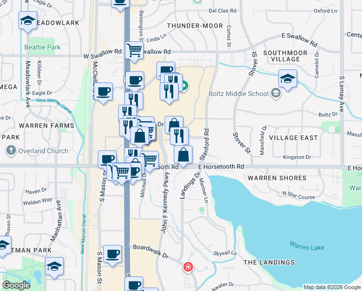 map of restaurants, bars, coffee shops, grocery stores, and more near 350 East Horsetooth Road in Fort Collins