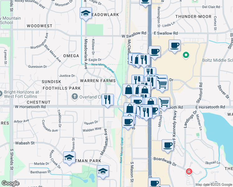 map of restaurants, bars, coffee shops, grocery stores, and more near 3450 Riva Ridge Place in Fort Collins