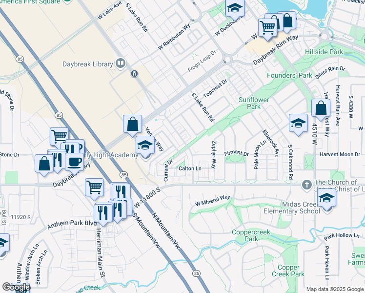 map of restaurants, bars, coffee shops, grocery stores, and more near 4994 Currant Drive in South Jordan