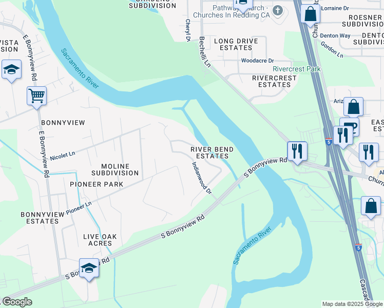map of restaurants, bars, coffee shops, grocery stores, and more near 5485 Indianwood Drive in Redding