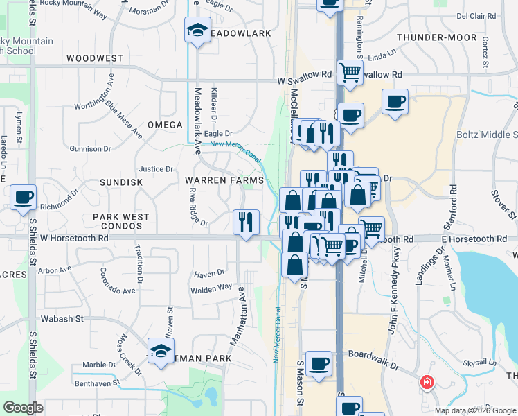 map of restaurants, bars, coffee shops, grocery stores, and more near 339 Riva Ridge Drive in Fort Collins
