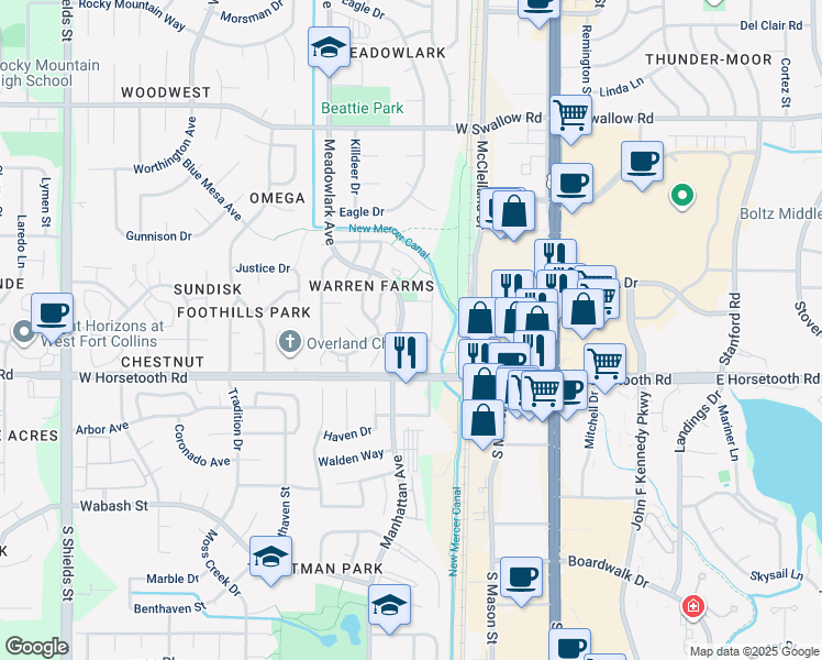 map of restaurants, bars, coffee shops, grocery stores, and more near 339 Riva Ridge Drive in Fort Collins
