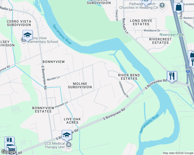 map of restaurants, bars, coffee shops, grocery stores, and more near 5481 Rosswood Street in Redding