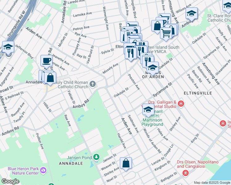 map of restaurants, bars, coffee shops, grocery stores, and more near 44 Seidman Avenue in Staten Island