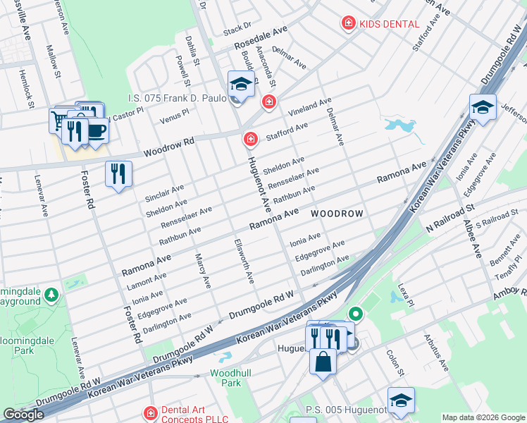 map of restaurants, bars, coffee shops, grocery stores, and more near 638 Huguenot Avenue in Staten Island
