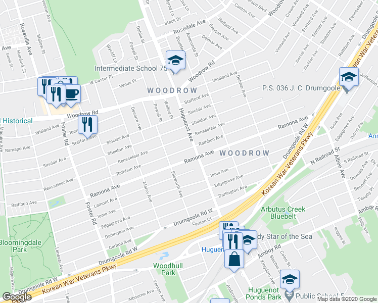 map of restaurants, bars, coffee shops, grocery stores, and more near 638 Huguenot Avenue in Staten Island